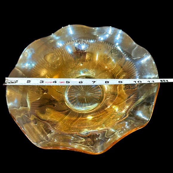 Jeanette Iris and Herringbone Ruffle Edge Marigold Carnival Glass Bowl 11.5 Inch - Picture 7 of 7